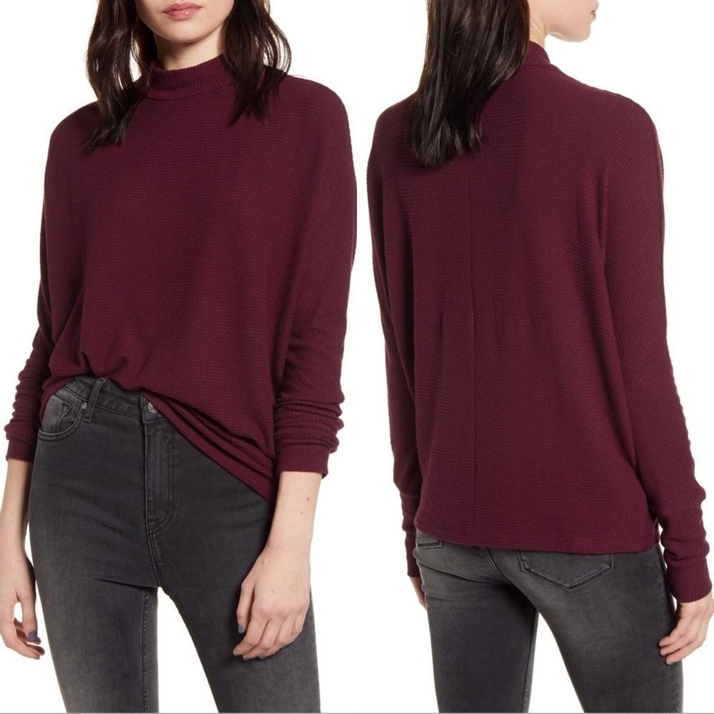 🍍3 For 15🍍Waffle Knit Mock Neck Long-Sleeve Top - Burgundy